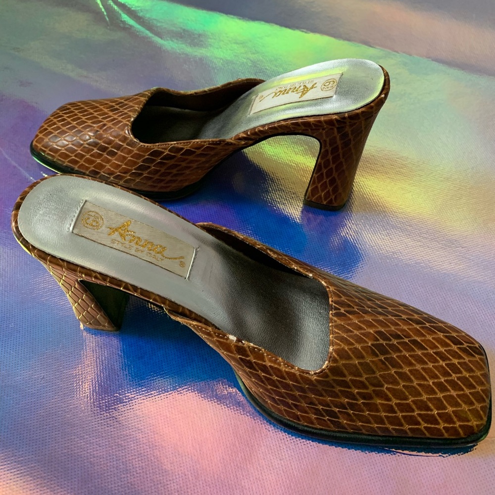 Vintage Mules Square Toe, Snake Print, Block Heel
